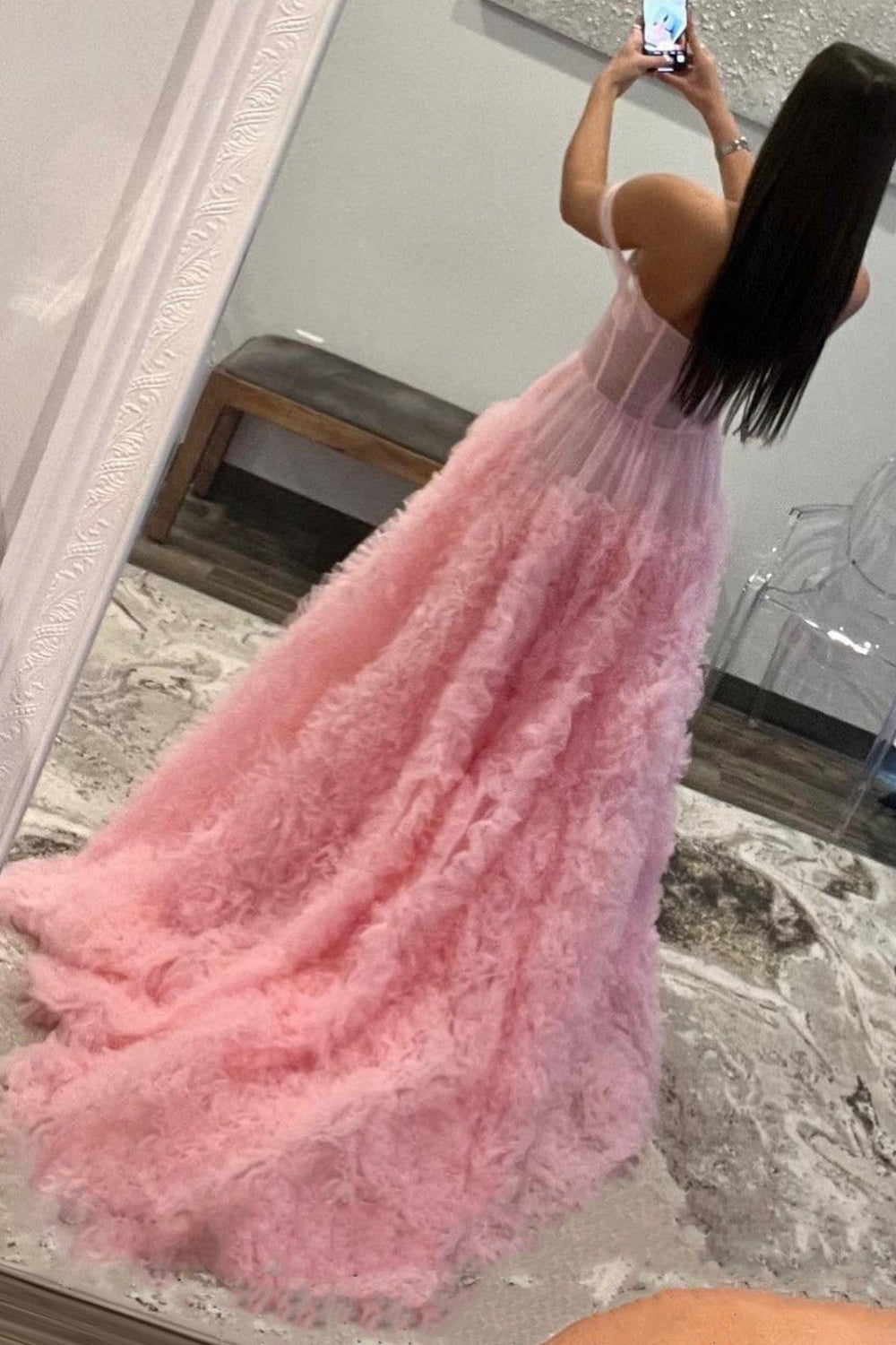 Kenia |A Line Off the Shoulder Ruffled Tulle Prom Dress with Slit - Prom Dress - DYAVOR®