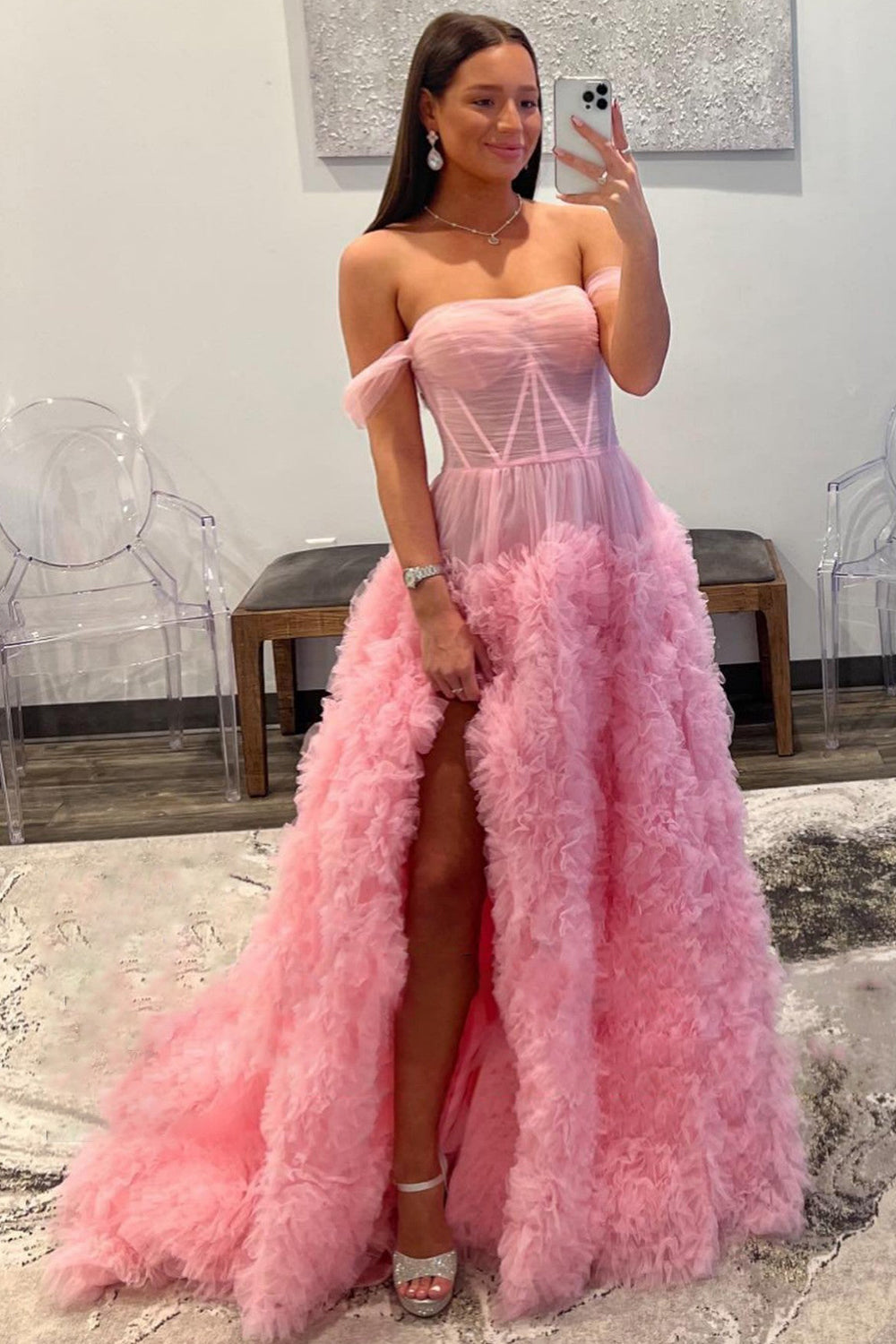 Kenia |A Line Off the Shoulder Ruffled Tulle Prom Dress with Slit - Prom Dress - DYAVOR®