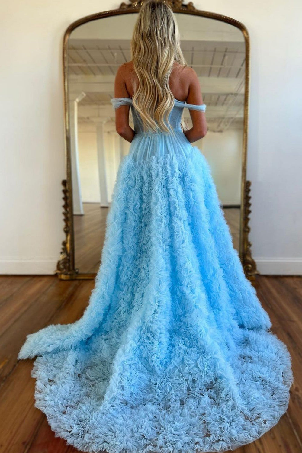 Kenia |A Line Off the Shoulder Ruffled Tulle Prom Dress with Slit - Prom Dress - DYAVOR®