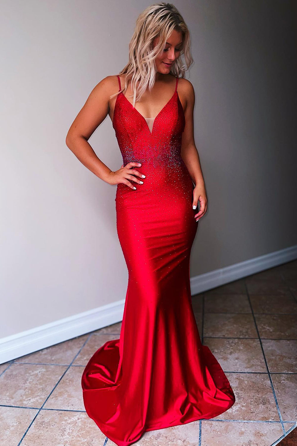 Deborah |Mermaid Spaghetti Straps Beaded Satin Prom Dress - Prom Dress - DYAVOR®