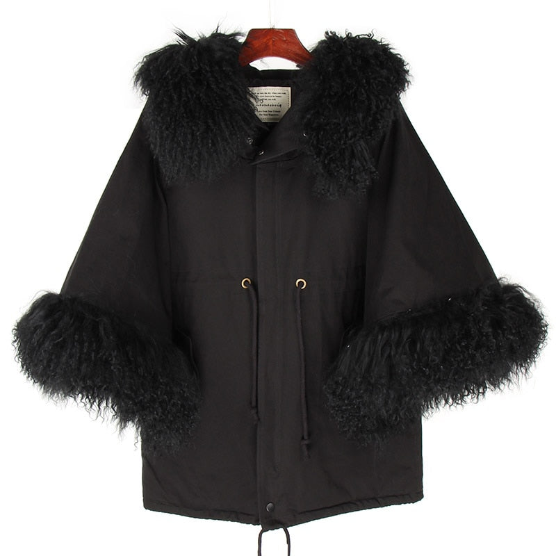 MAOMAOKONG natural wool oversized fur collar trumpet sleeve cotton loose coat Women's jacket - - DYAVOR®