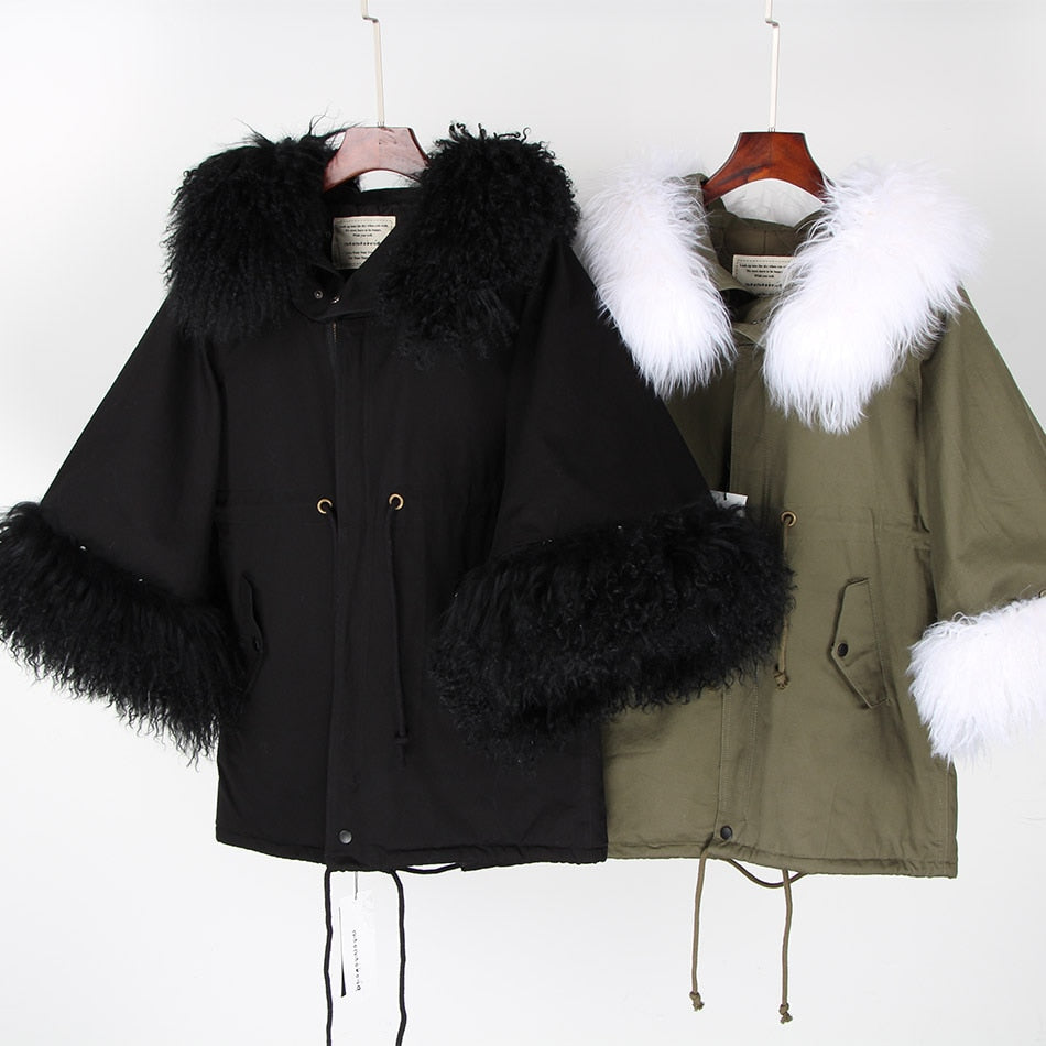 MAOMAOKONG natural wool oversized fur collar trumpet sleeve cotton loose coat Women's jacket - - DYAVOR®