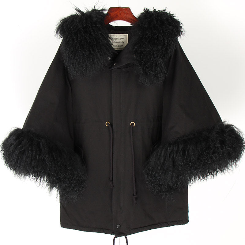 MAOMAOKONG natural wool oversized fur collar trumpet sleeve cotton loose coat Women's jacket - - DYAVOR®