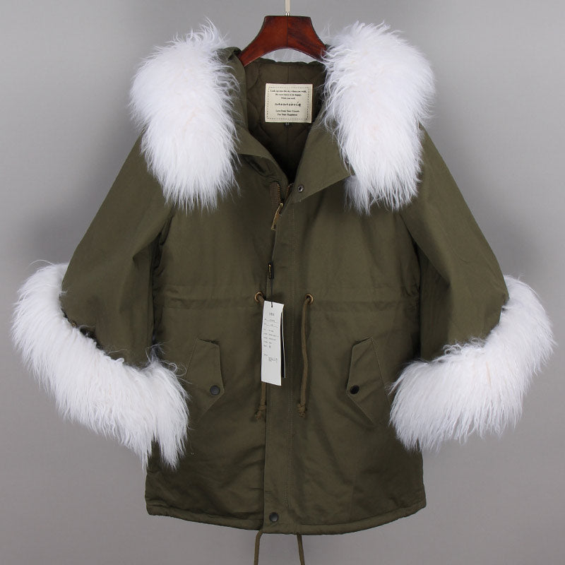 MAOMAOKONG natural wool oversized fur collar trumpet sleeve cotton loose coat Women's jacket - - DYAVOR®