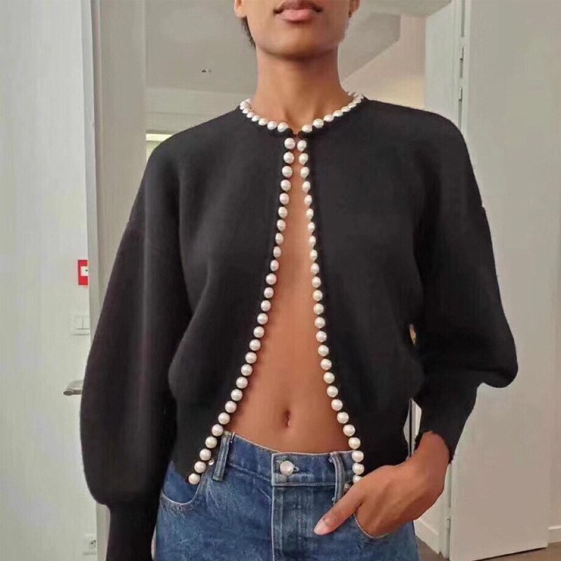 'Pearl Buttons' Black Cardigan - - DYAVOR®