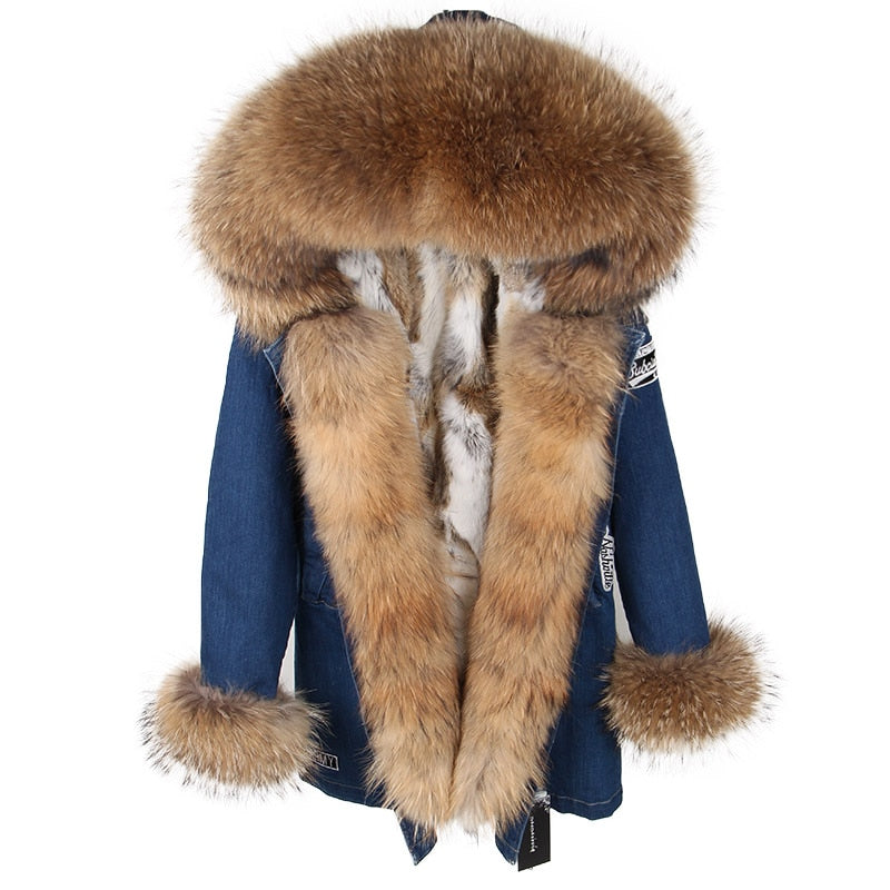 Maomaokong Real Raccoon Fur Coat Fox Collar Denim Coats Winter Jackets Women Parkas Hooded Real Rabbit Fur Liner Women's Jacket - - DYAVOR®