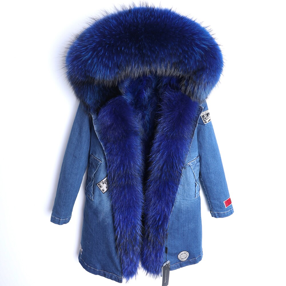 Maomaokong Real Raccoon Fur Coat Fox Collar Denim Coats Winter Jackets Women Parkas Hooded Real Rabbit Fur Liner Women's Jacket - - DYAVOR®