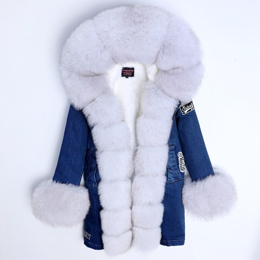 Maomaokong Real Raccoon Fur Coat Fox Collar Denim Coats Winter Jackets Women Parkas Hooded Real Rabbit Fur Liner Women's Jacket - - DYAVOR®
