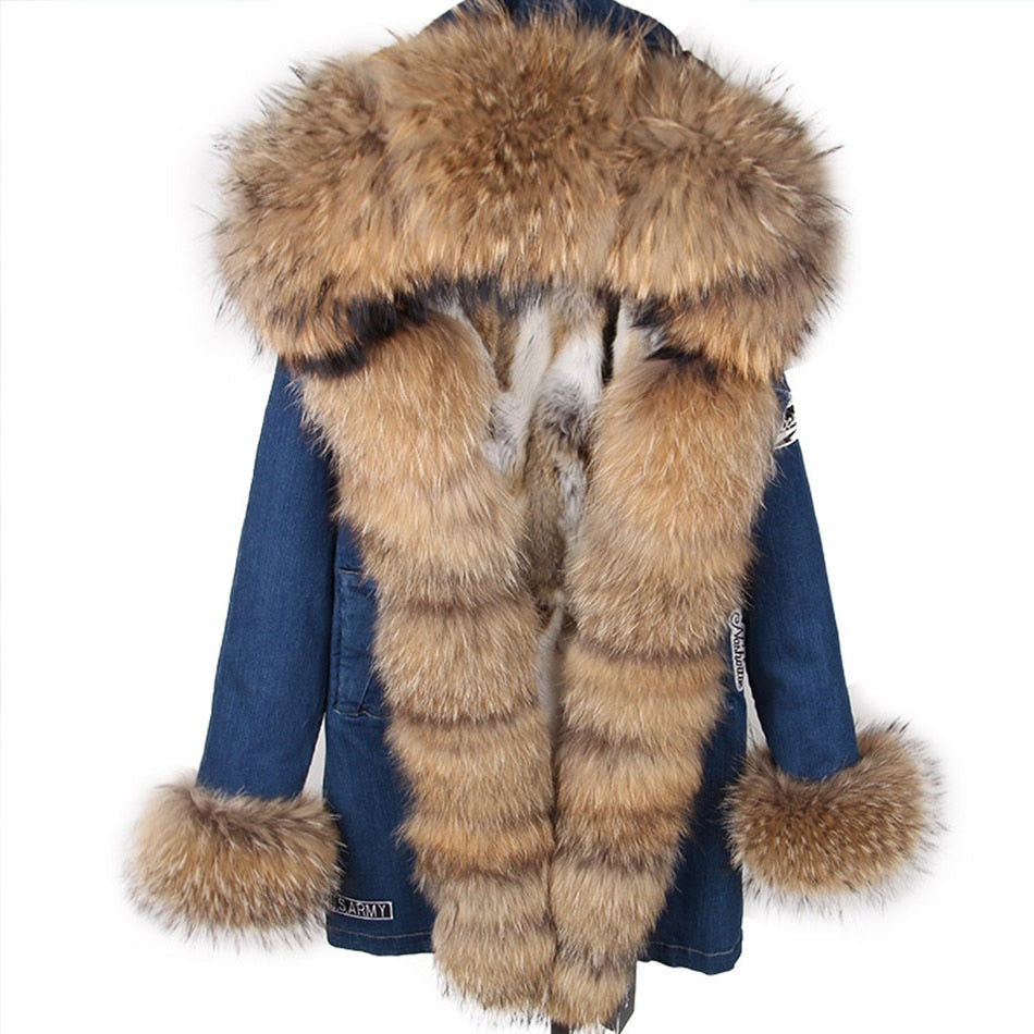 Maomaokong Real Raccoon Fur Coat Fox Collar Denim Coats Winter Jackets Women Parkas Hooded Real Rabbit Fur Liner Women's Jacket - - DYAVOR®