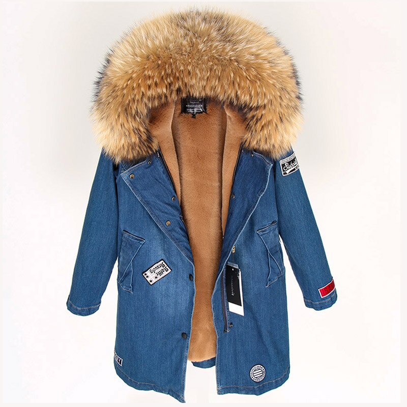 Maomaokong Real Raccoon Fur Coat Fox Collar Denim Coats Winter Jackets Women Parkas Hooded Real Rabbit Fur Liner Women's Jacket - - DYAVOR®