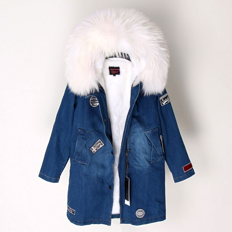 Maomaokong Real Raccoon Fur Coat Fox Collar Denim Coats Winter Jackets Women Parkas Hooded Real Rabbit Fur Liner Women's Jacket -  - DYAVOR®
