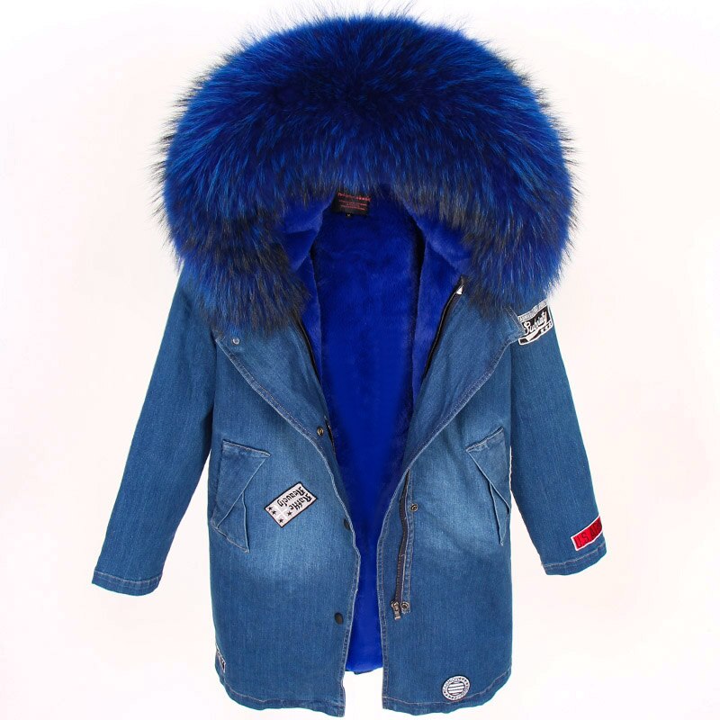 Maomaokong Real Raccoon Fur Coat Fox Collar Denim Coats Winter Jackets Women Parkas Hooded Real Rabbit Fur Liner Women's Jacket -  - DYAVOR®