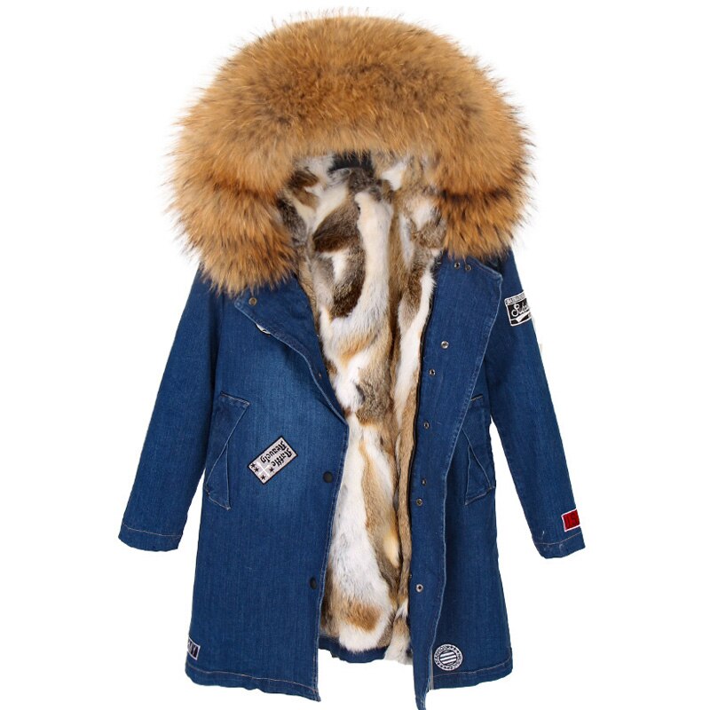 Maomaokong Real Raccoon Fur Coat Fox Collar Denim Coats Winter Jackets Women Parkas Hooded Real Rabbit Fur Liner Women's Jacket - - DYAVOR®