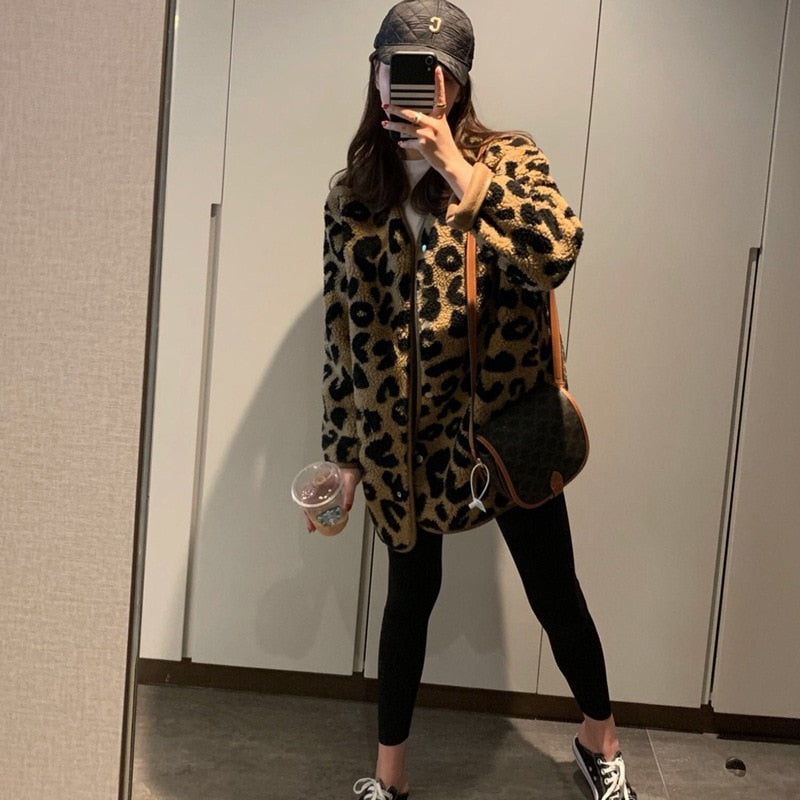 Leopard fur integrated short coat women autumn winter versatile 2021 Korean version loose thin casual thickening jacket - - DYAVOR®
