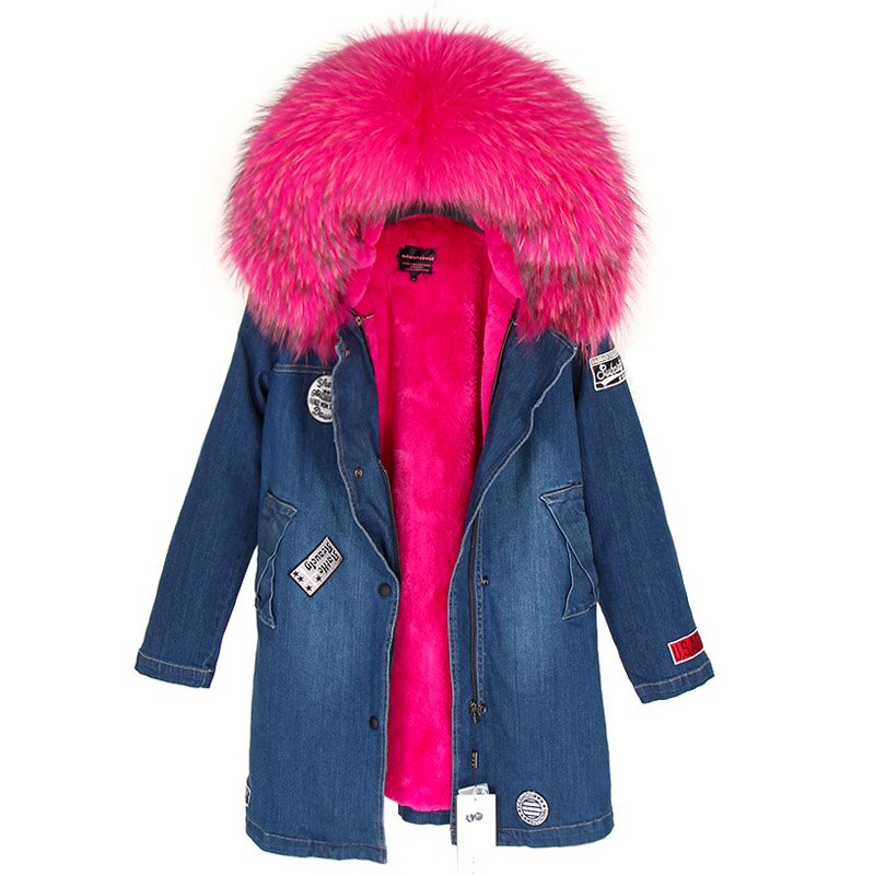 Maomaokong Real Raccoon Fur Coat Fox Collar Denim Coats Winter Jackets Women Parkas Hooded Real Rabbit Fur Liner Women's Jacket - - DYAVOR®