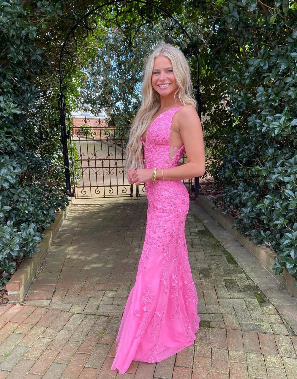 Kallie |Hot Pink Mermaid Plunge V Neck Lace Prom Dress - Prom Dress - DYAVOR®