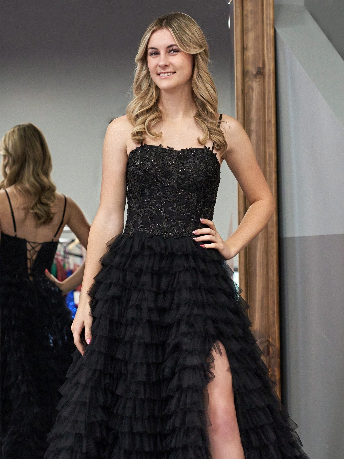 Jordan | Black A-Line Tiered Sequins Tulle Long Prom Dress - Prom Dress - DYAVOR®