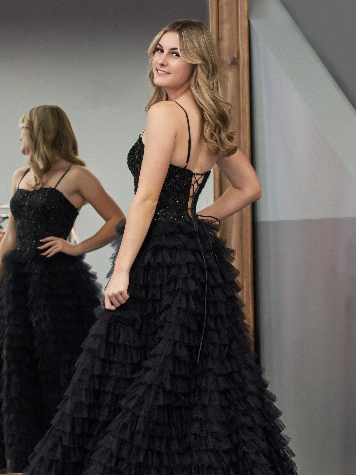 Jordan | Black A-Line Tiered Sequins Tulle Long Prom Dress - Prom Dress - DYAVOR®