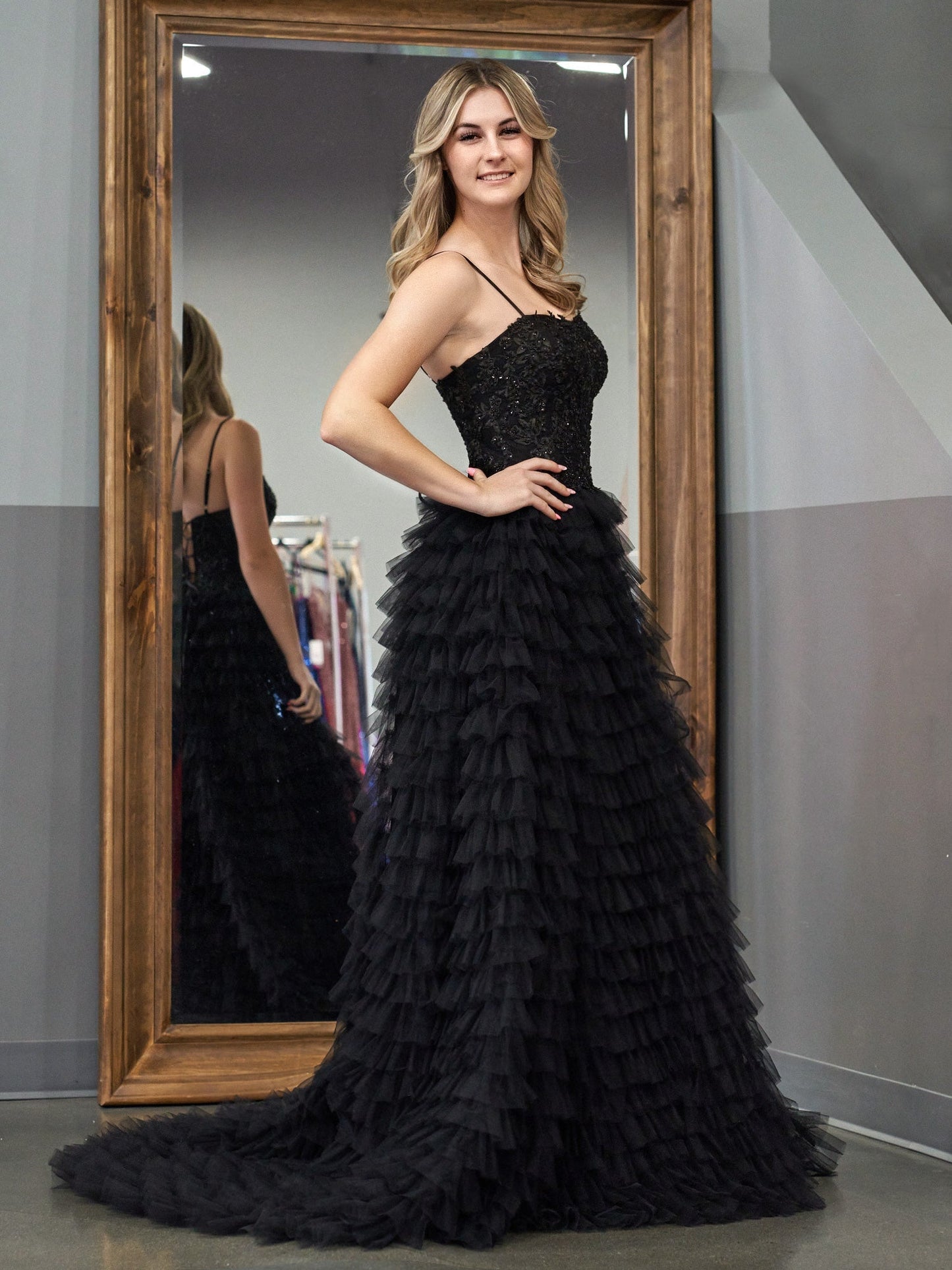 Jordan | Black A-Line Tiered Sequins Tulle Long Prom Dress - Prom Dress - DYAVOR®