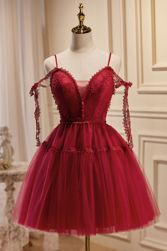 Rebecca |Burgundy A Line V Neck Tulle Homecoming Dress - Homecoming Dress - DYAVOR®