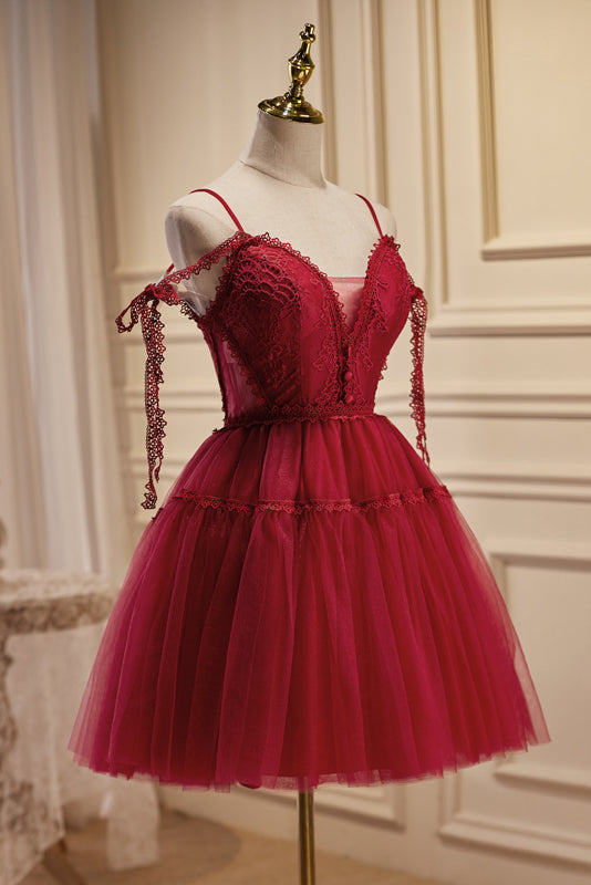 Rebecca |Burgundy A Line V Neck Tulle Homecoming Dress - Homecoming Dress - DYAVOR®