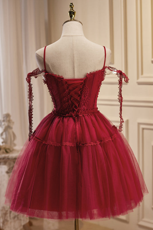 Rebecca |Burgundy A Line V Neck Tulle Homecoming Dress - Homecoming Dress - DYAVOR®