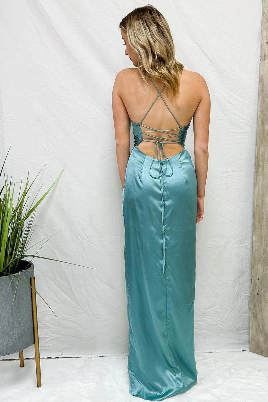 Danielle | Light Blue Cowl Neck Twist Knot Pleated Long Prom Dress With Slit - Prom Dress - DYAVOR®