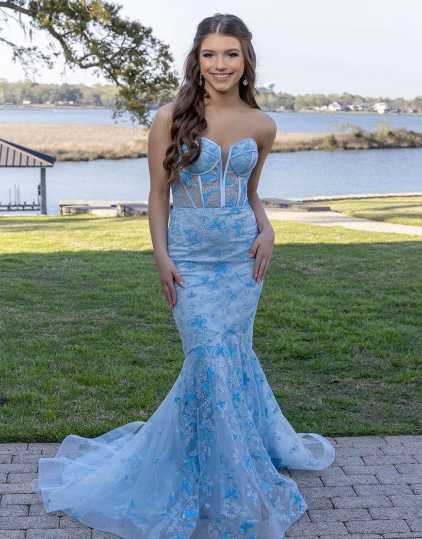 Ruth | Light Blue Gougeous Strapless Long Prom Dress With Appliques - Prom Dress - DYAVOR®