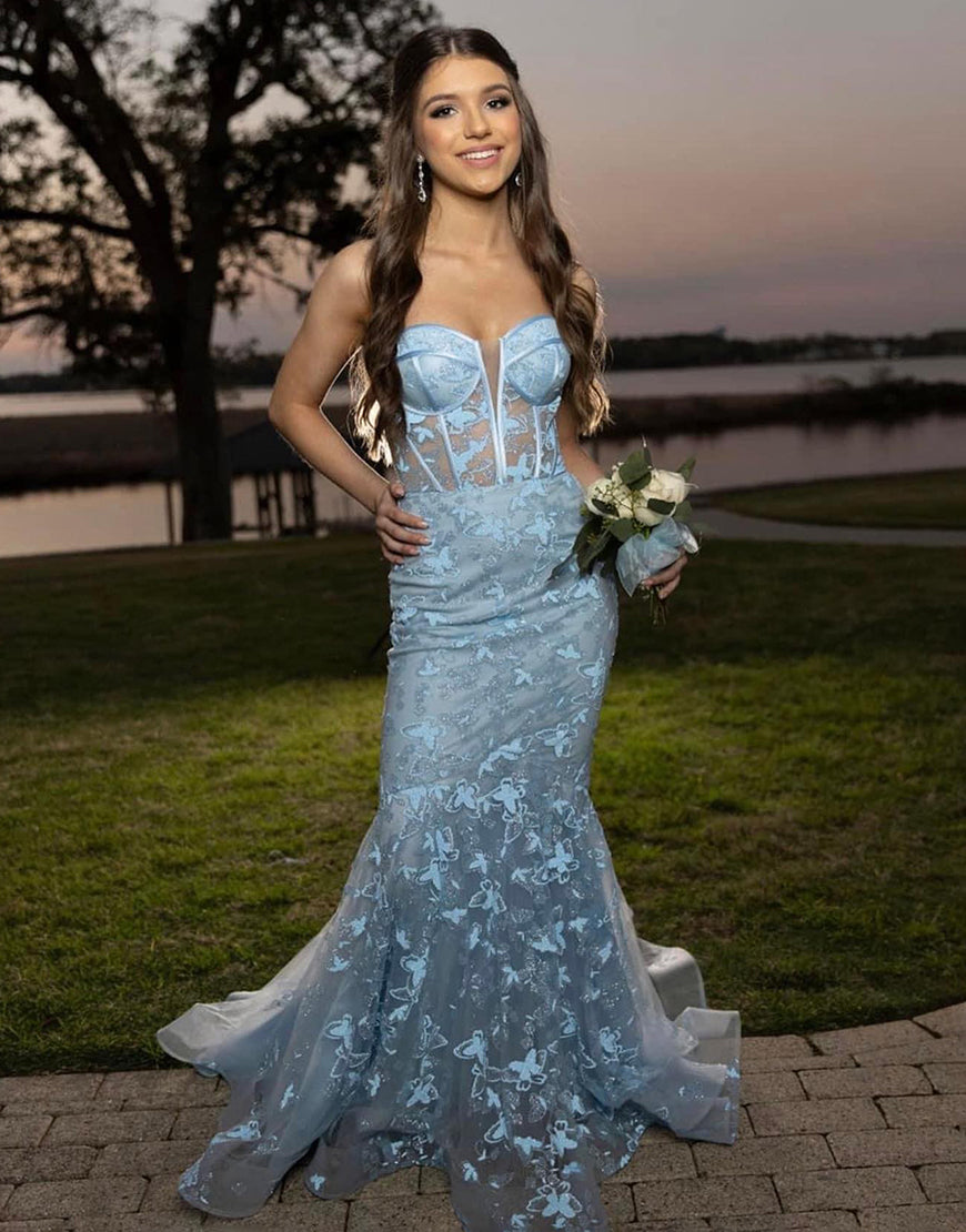 Ruth | Light Blue Gougeous Strapless Long Prom Dress With Appliques - Prom Dress - DYAVOR®
