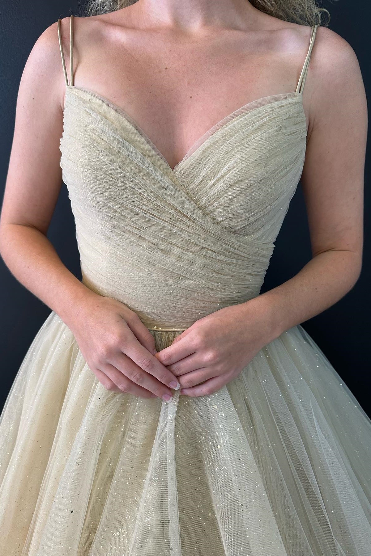 Nia |A line V Neck Glitter Tulle Prom Dress with Lace up Back - Prom Dress - DYAVOR®