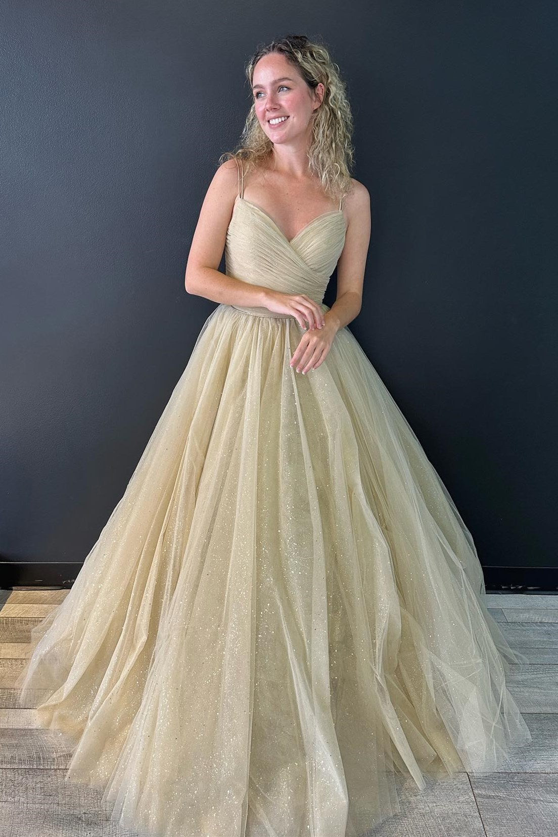 Nia |A line V Neck Glitter Tulle Prom Dress with Lace up Back - Prom Dress - DYAVOR®
