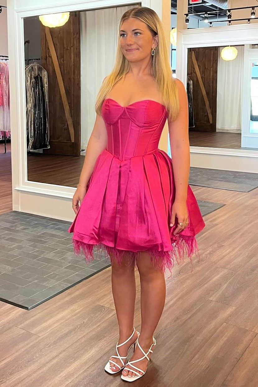 Hanna | Neon Pink Feathers Sweetheart A-Line Short Formal Dress - Prom Dress - DYAVOR®