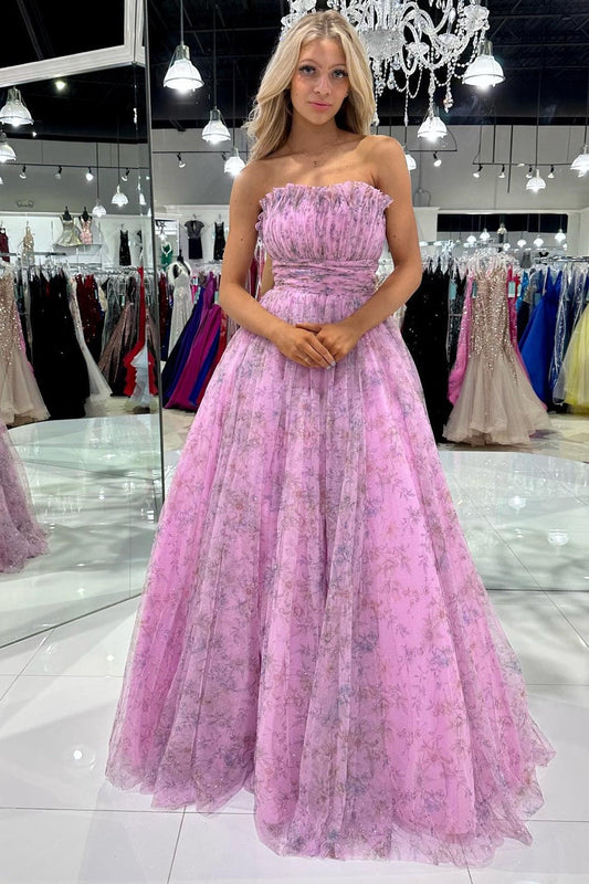 Amani |A line Strapless Printed Glitter Tulle Prom Dress - Prom Dress - DYAVOR®