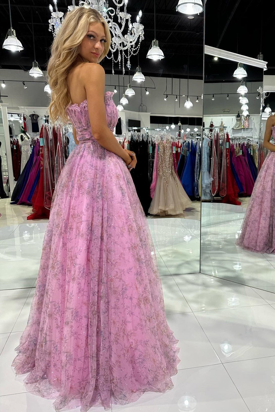 Amani |A line Strapless Printed Glitter Tulle Prom Dress - Prom Dress - DYAVOR®