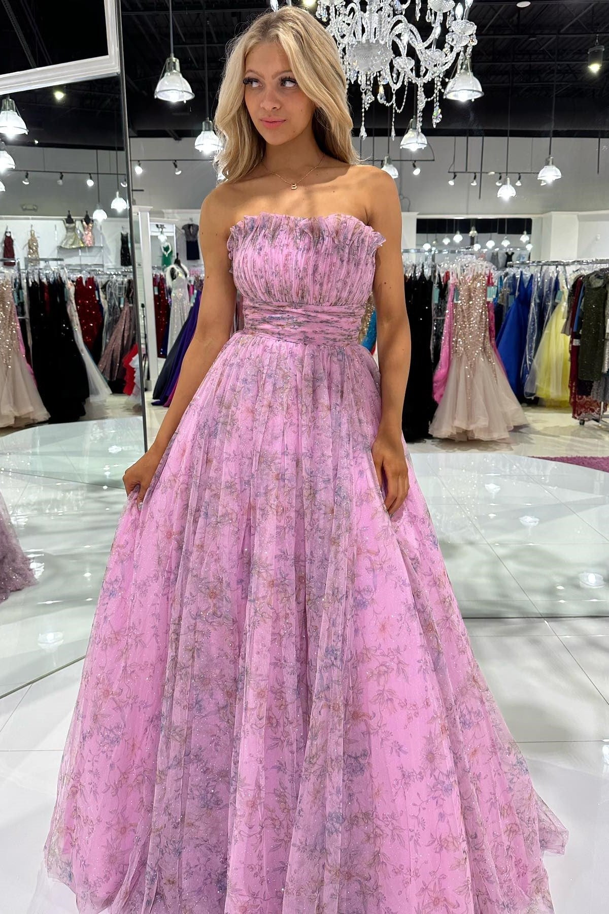 Amani |A line Strapless Printed Glitter Tulle Prom Dress - Prom Dress - DYAVOR®