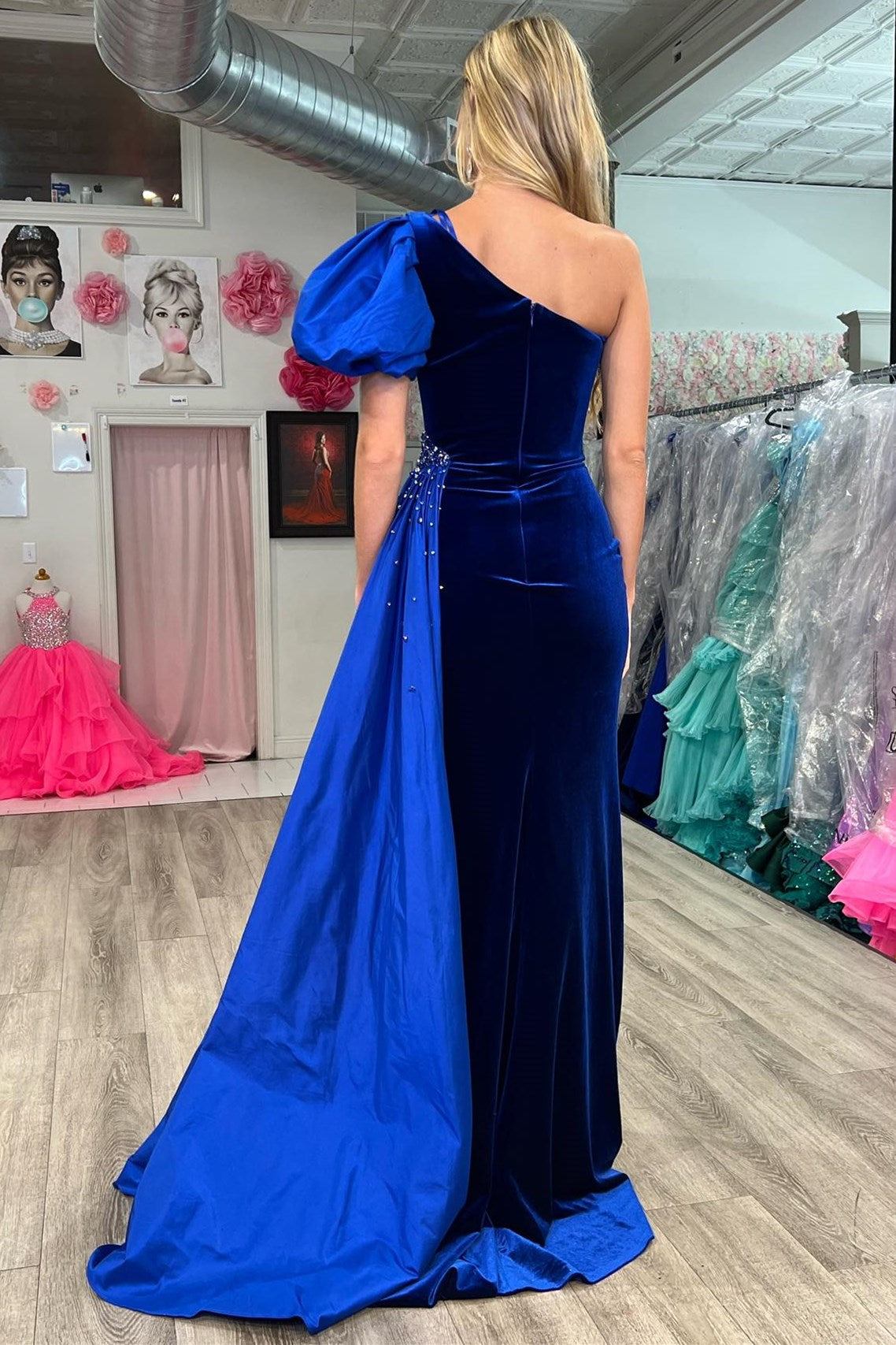 Jazmine | Royal Blue Velvet One-Shoulder Long Formal Dress with Attached Train - Prom Dress - DYAVOR®