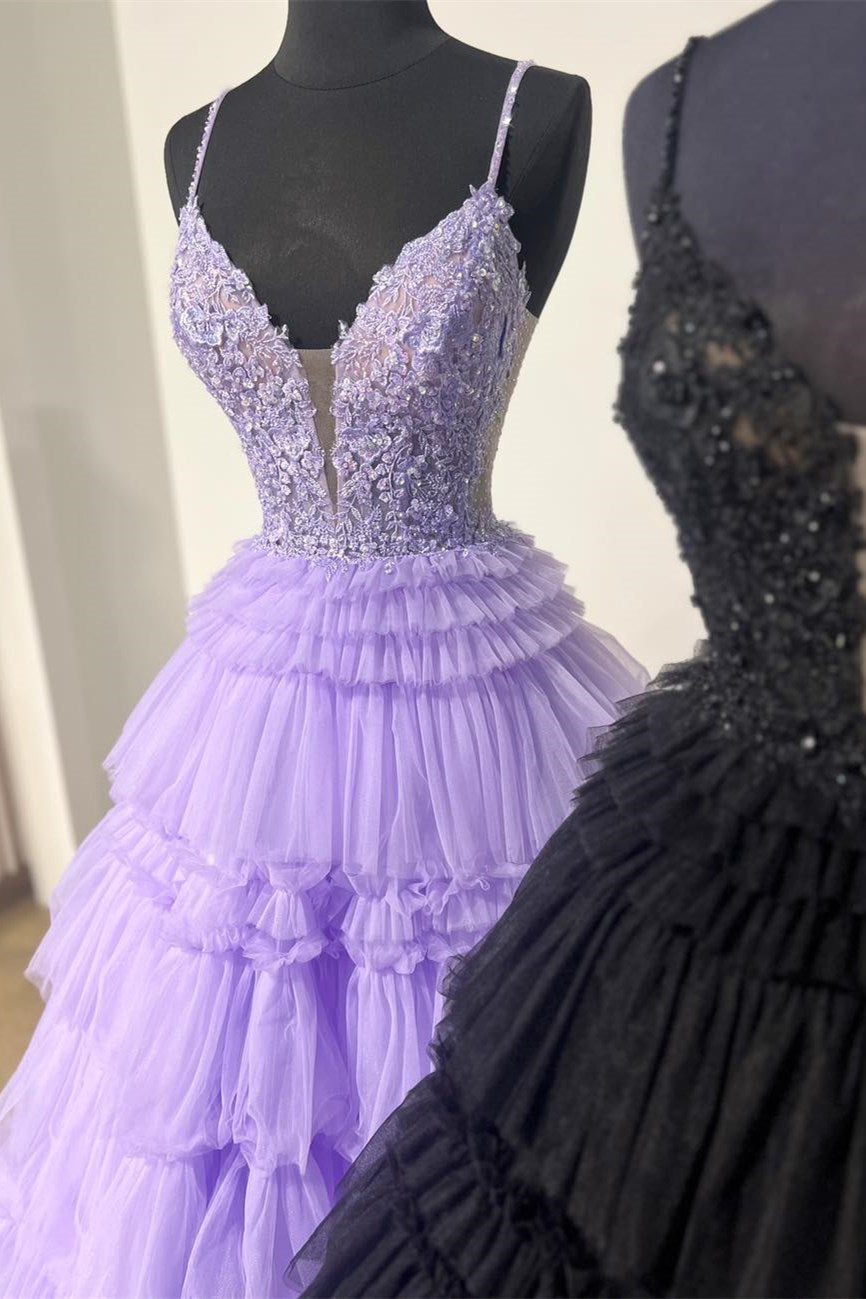 Hadlee | Black Beaded Spaghetti Strap Ruffle Tiered Ball Gown - Prom Dress - DYAVOR®