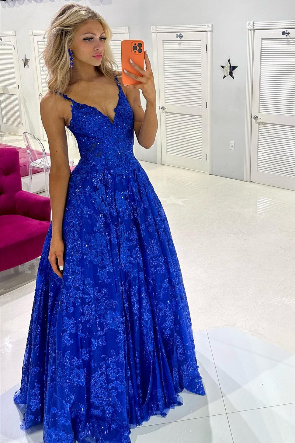 Mikaela | Royal Blue Sequin Lace V-Neck A-Line Long Prom Dress - Prom Dress - DYAVOR®