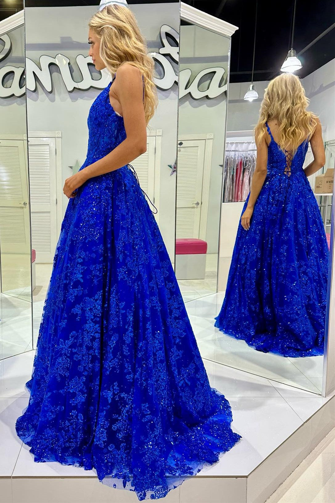 Mikaela | Royal Blue Sequin Lace V-Neck A-Line Long Prom Dress - Prom Dress - DYAVOR®