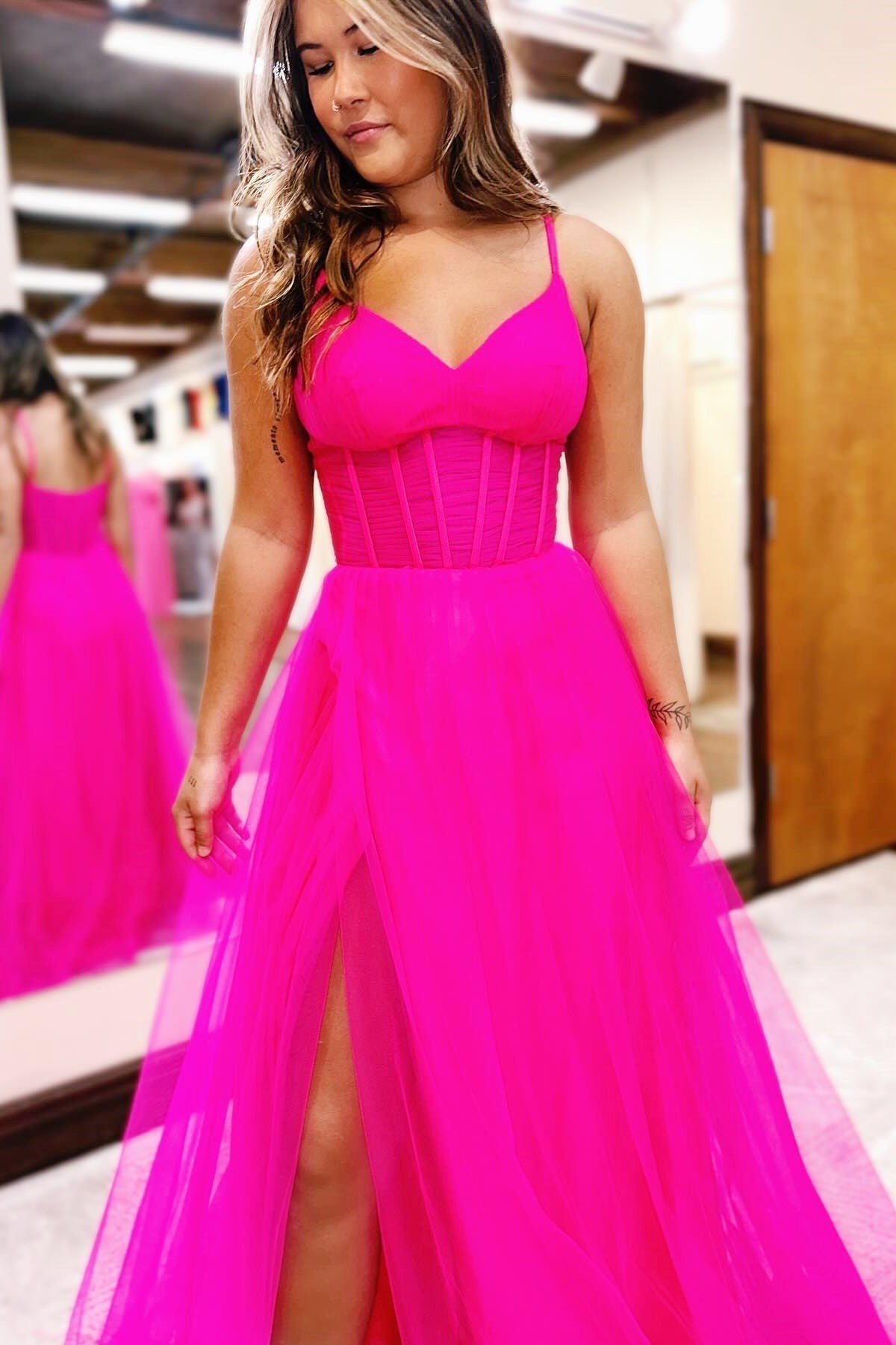 Galilea | Fuchsia V-Neck Sheer Bodice A-Line Long Prom Dress with Slit - Prom Dresses - DYAVOR®