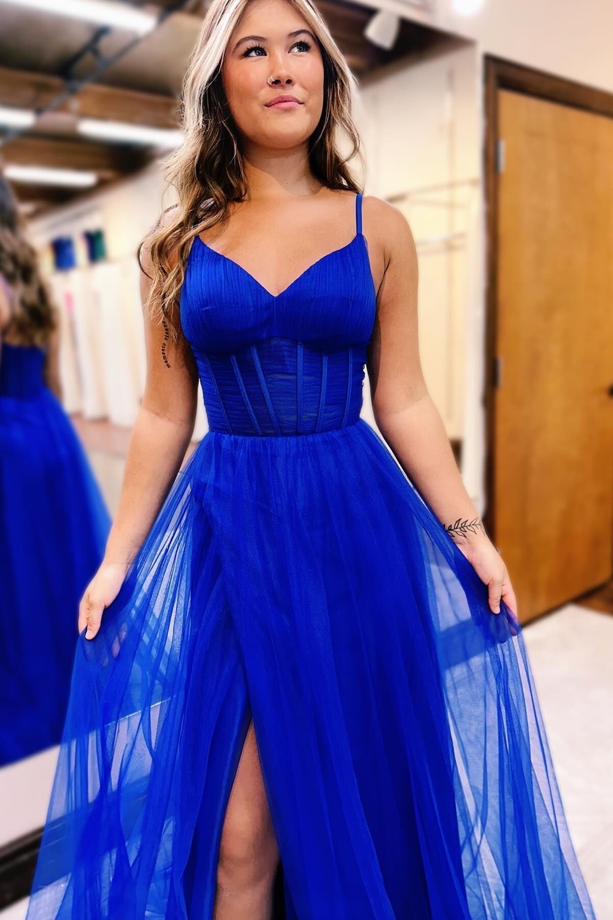Galilea | Fuchsia V-Neck Sheer Bodice A-Line Long Prom Dress with Slit - Prom Dresses - DYAVOR®