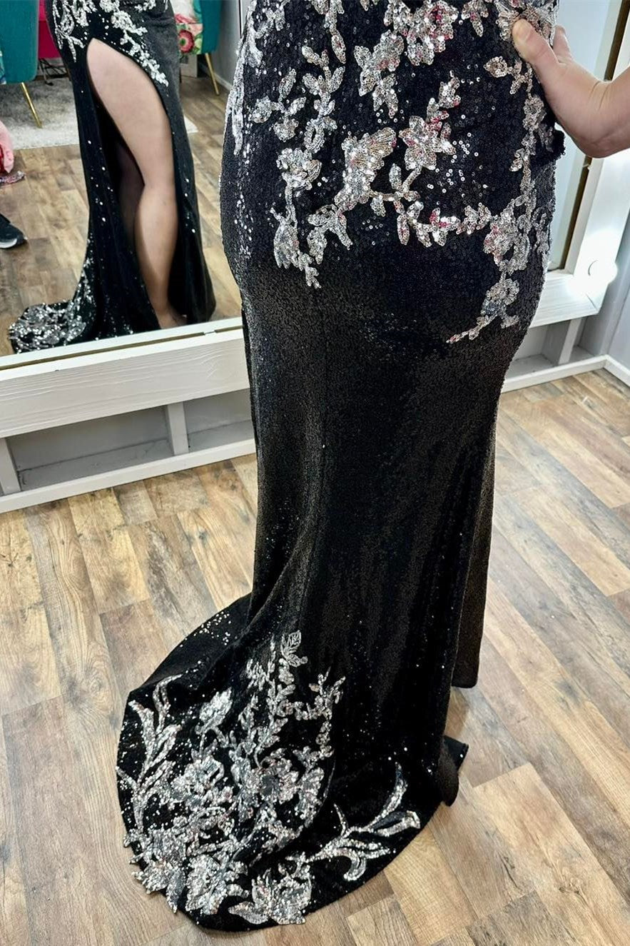 Charleigh | Black Sequin Appliques Spaghetti Strap Long Prom Dress with Slit - Prom Dress - DYAVOR®