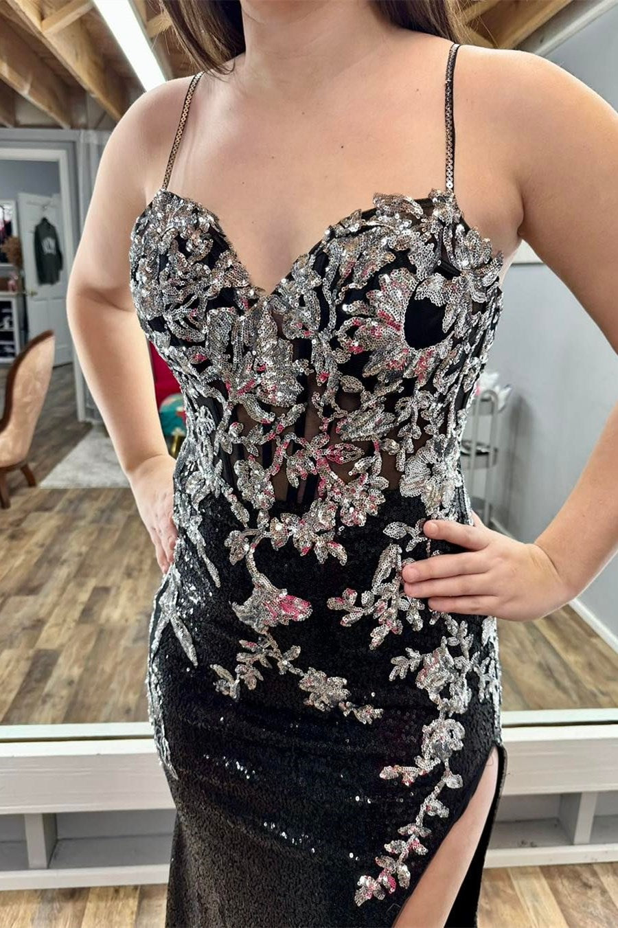 Charleigh | Black Sequin Appliques Spaghetti Strap Long Prom Dress with Slit - Prom Dress - DYAVOR®
