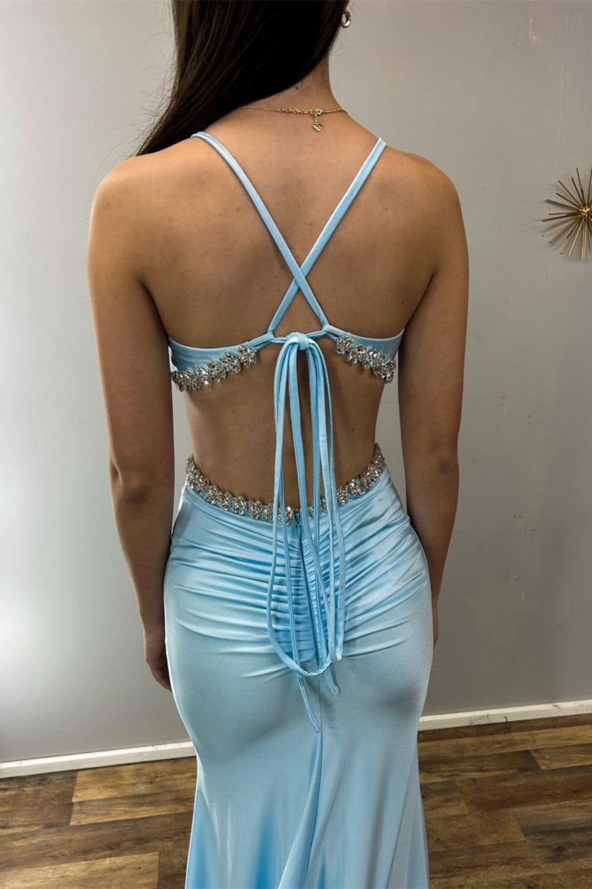 Meredith | Light Blue V-Neck Cutout Rhinestone Mermaid Long Formal Dress - Prom Dress - DYAVOR®
