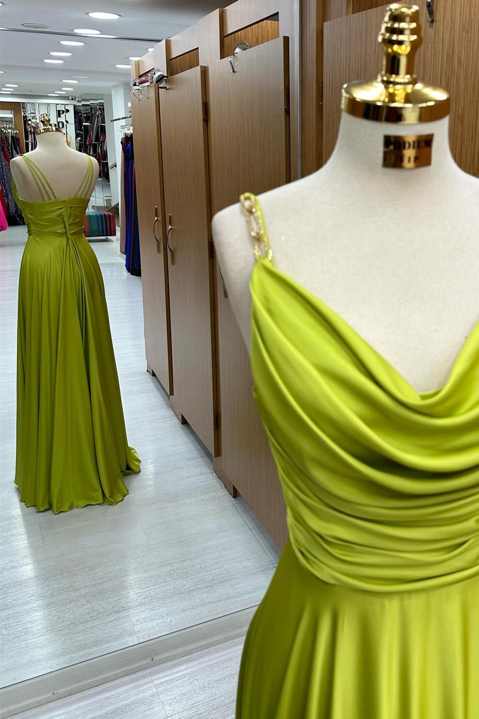 Carter | Olive Green Cowl Neck Chain Strap A-Line Long Prom Dress - Prom Dress - DYAVOR®