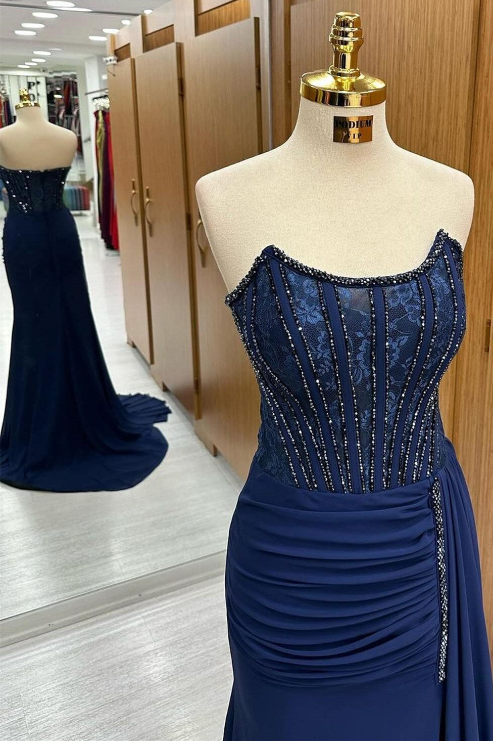Maliyah | Navy Lace Beaded Strapless Long Formal Dress with Attached Train - Prom Dress - DYAVOR®
