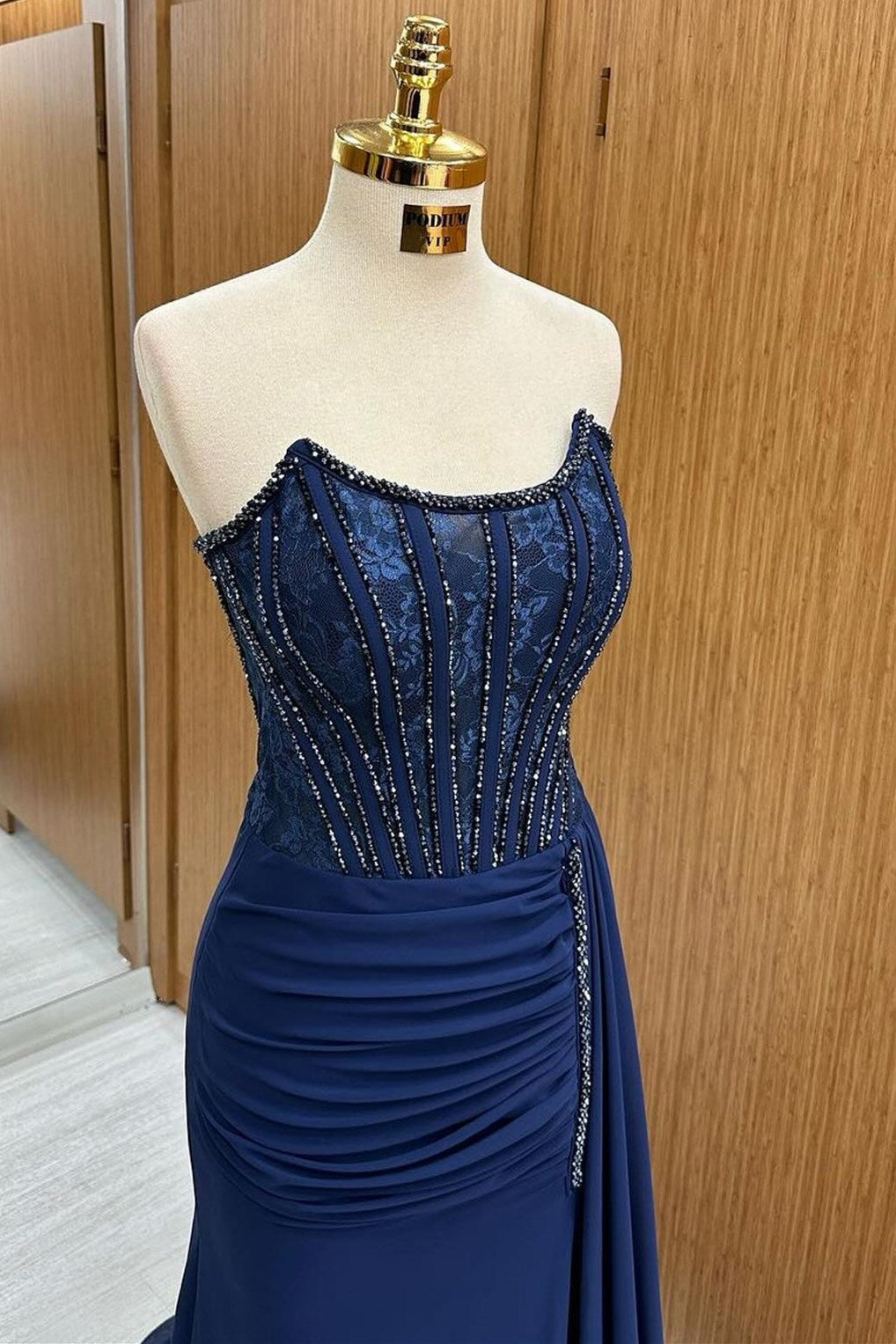 Maliyah | Navy Lace Beaded Strapless Long Formal Dress with Attached Train - Prom Dress - DYAVOR®
