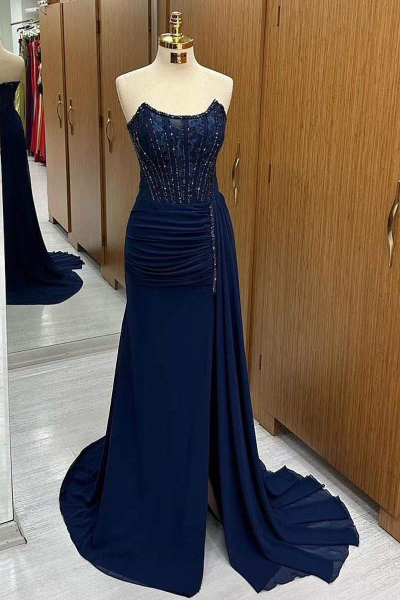 Maliyah | Navy Lace Beaded Strapless Long Formal Dress with Attached Train - Prom Dress - DYAVOR®