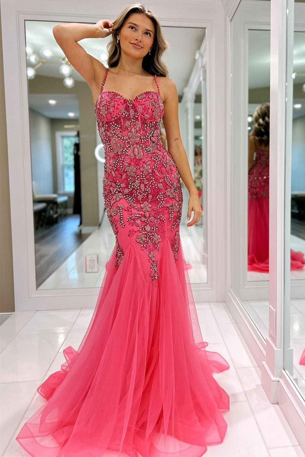 Oakleigh | Pink Beaded Spaghetti Strap Trumpet Long Gown - Prom Dress - DYAVOR®