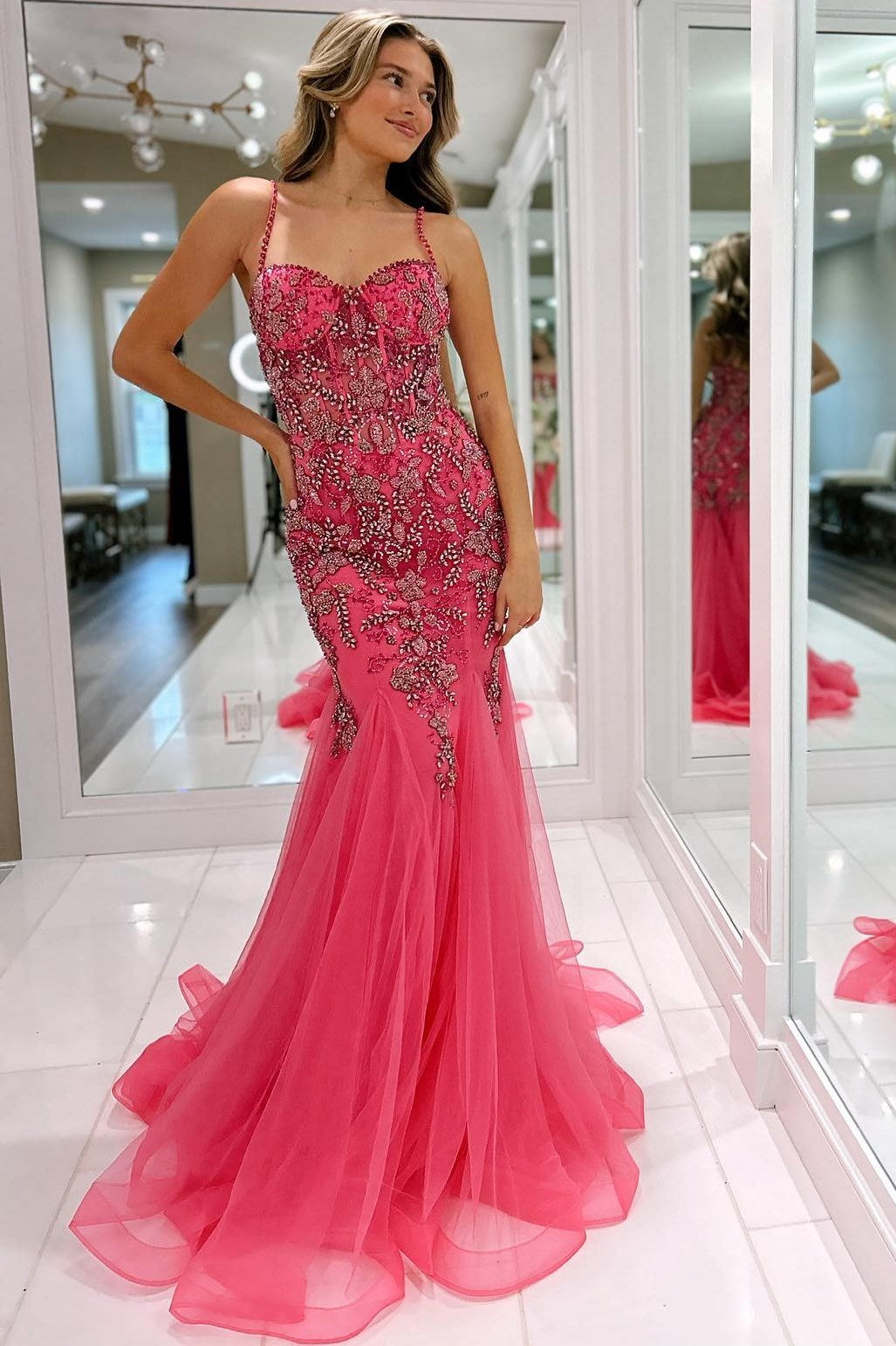 Oakleigh | Pink Beaded Spaghetti Strap Trumpet Long Gown - Prom Dress - DYAVOR®